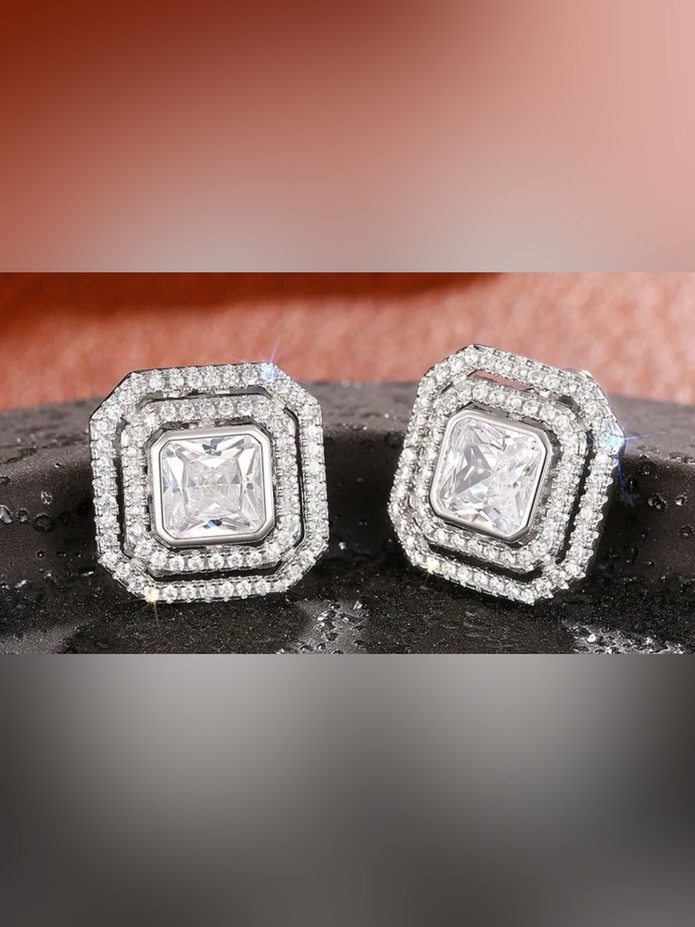 Classic Square Halo Stud Earrings in Silver with Clear Stones - Picture 2 of 2